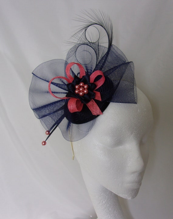 Navy Blue and Coral Fascinator Curl 