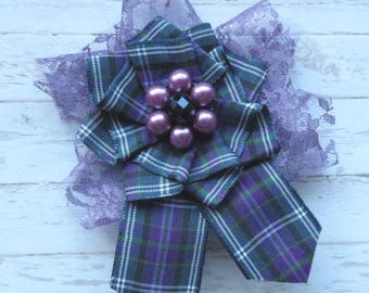 Heather Purple & Navy Pride of Bannockburn Tartan Lace Shabby Chic Brooch Pearl Corsage Bridal  Highlands Scottish Wedding - Made to Order