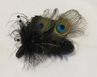 Black Peacock Feather & Crystal Regency Vintage Style Comb Wedding Fascinator Costume Ball Hair Accessory - Made to Order