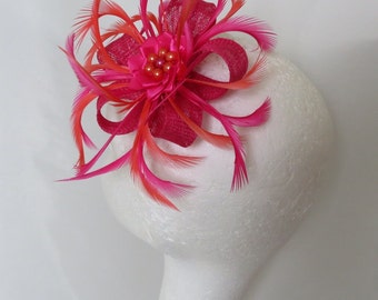 Fuchsia Pink and Orange Sorbet Bright Vibrant Sinamay Loop Feather Clip Fascinator Mini Hat Headpiece Bag Wedding Races - Made to Order