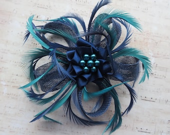 French Navy Blue and Teal Sinamay Loop Feather Pearl Clip Fascinator Mini Hat Headpiece Bag Wedding Races - Made to Order