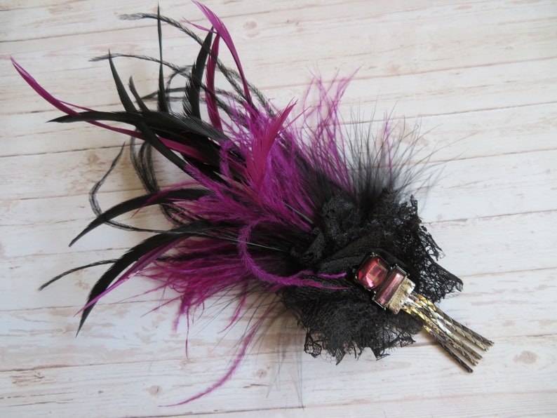 Black and Amethyst Purple Feather Plume Regency Style Vintage Clip in Updo Fascinator Headpiece Wedding Party Costume Ready Made image 2