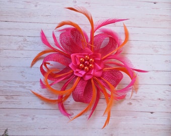 Cerise Fuchsia Pink and Orange Bright Vibrant Sinamay Loop Feather Clip Fascinator Mini Hat Headpiece Bag Wedding Races - Made to Order