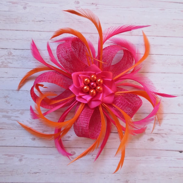Cerise Raspberry Fuchsia Pink and Orange Bright Vibrant Sinamay Loop Feather Clip Fascinator Mini Hat Headpiece Wedding - Made to Order