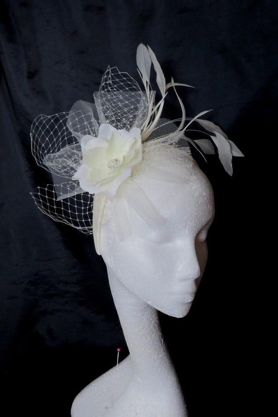 Cream Ivory Bridal Headband Feather Tulle and Veil Rose 