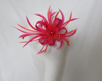 Fuchsia Raspberry Pink and Orange Bright Vibrant Sinamay Feather Comb Updo Mini Fascinator Headpiece Wedding Races Made - Ready to Wear