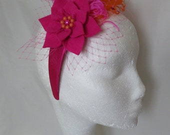 Hot Fuchsia Raspberry Pink and Orange Feather Flower Headband - Retro Vibrant Bright Band Fascinator - Wedding - Ready Made