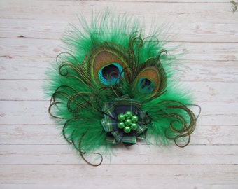 Emerald Tartan Peacock Fascinator Small Jade Green Feather & Pearls Plaid Scottish Mini Headpiece Hair Clip Gift Gifts  - Made to Order