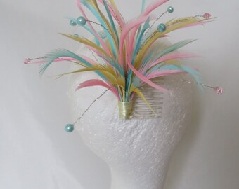 Rainbow Pastel Lemon Yellow Pale Pink Aqua Blue Tonal Ombre Feather Comb Fascinator Regency Headpiece Races Wedding - Ready Made