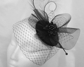 Elegant Black Veiled Curl Feather Crinoline Wedding Funeral Gothic Fascinator Mini Hat - Made to Order