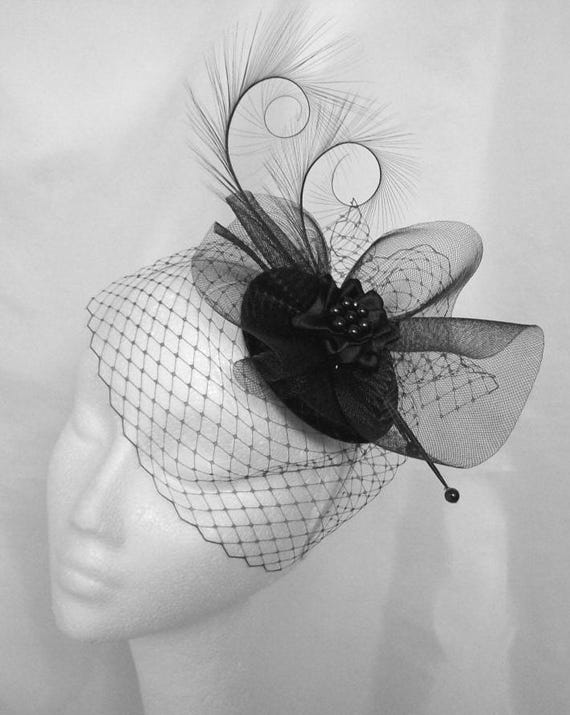 Elegant Black Veiled Curl Feather Crinoline Wedding Funeral  display picture 1