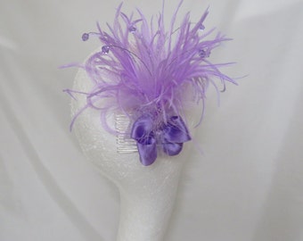 Lilac Lavender Ostrich & Crystal Feather Plume Regency Style Vintage Comb Fascinator Headpiece - Wedding Party Costume - Ready Made