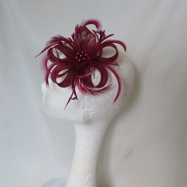 Burgundy Berry Wine Sinamay Loop Feather Pearl Clip Fascinator Mini Hat Headpiece Wedding Plum Claret- Made to Order