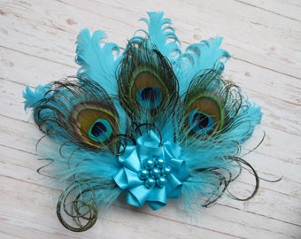 Türkis Pfau Fascinator Lagune Azurblaue Schattierungen & gekräuselte Feder Perle Vintage Mini Haarspange Kopfschmuck Geschenk Geschenke - Made to Order