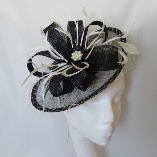 Black & Ivory Statement Hat with Vintage Veiling Sinamay Loop and Feather Saucer Fascinator Hat Hatinator - Wedding - Ascot -Made to Order