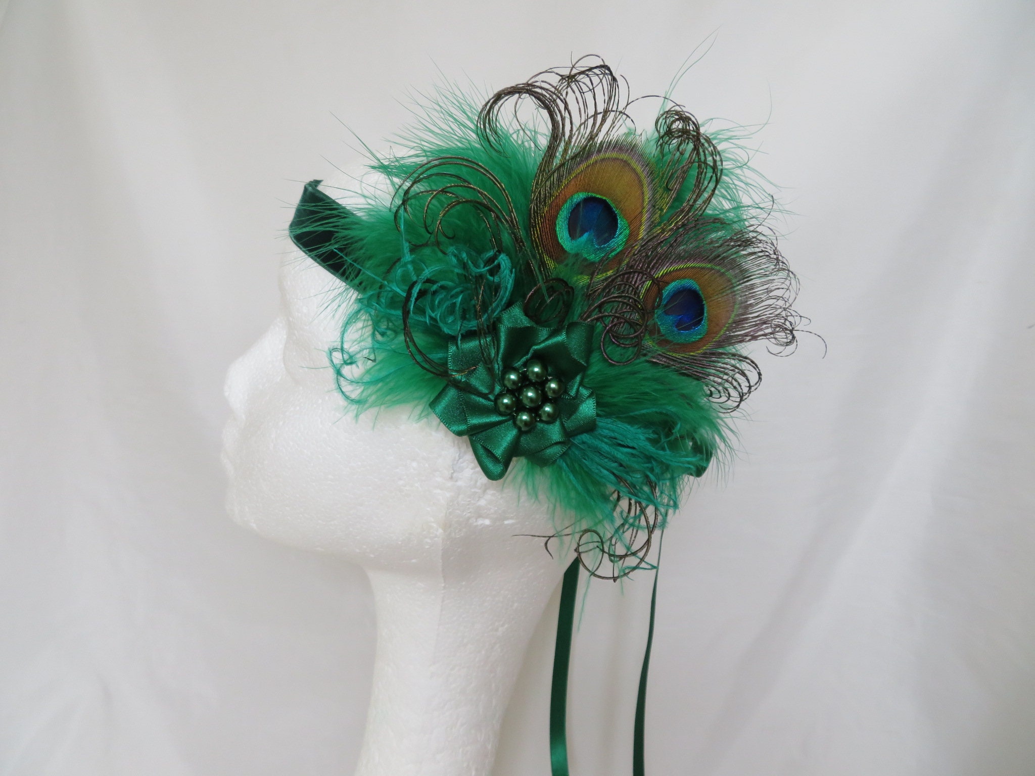 Emerald Flapper Band Jade Green Peacock Feather & Pearl  display picture 1