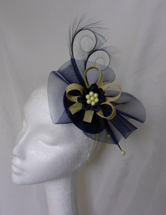 Navy Blue and Yellow Fascinator Curl 