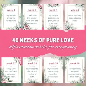 Tarjetas de afirmación de embarazo digitales, 40 citas positivas imprimibles, futuras mamás, un hermoso viaje de embarazo para cada semana, flores, Canva