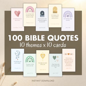 May include: A collection of 100 Bible quotes on cards, featuring 10 themes with 10 cards each. Each card has a unique design with a quote and reference. The cards are in pastel colors with decorative elements.