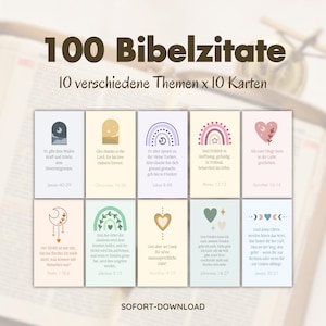 May include: A collection of 100 Bible quotes on cards, with 10 different themes and 10 cards per theme. Each card features a quote and a decorative illustration. The text "SOFORT-DOWNLOAD" is at the bottom.
