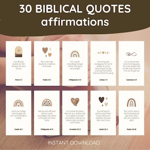 Könnte beinhalten: Digitaler Download mit 30 biblischen Zitaten und Affirmationen. Jede Karte hat ein minimalistisches Design mit einer neutralen Farbpalette und dekorativen Elementen wie Regenbogen und Herzen. Der Text ist gut lesbar.