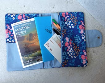 Floral Book Sleeve: Blue Book Bag with Zipper Pouch