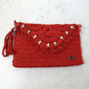 Raffia Strand Clutch Rot Boho Armband Geldbörse Handmade Naturfaser Foldover Clutch mit Quaste Raffia Häkeln Clutch Sommer Accessoires