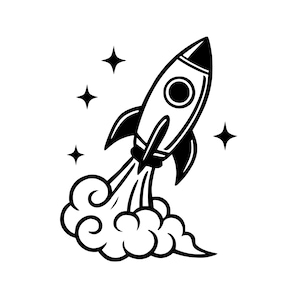 Puede incluir: Ilustración en blanco y negro de un cohete despegando con humo y estrellas en el fondo.