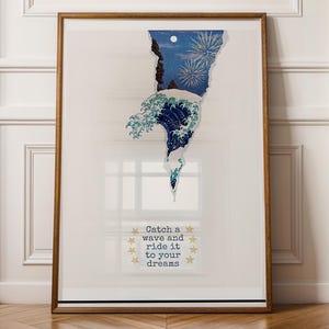 Pronta da appendere "Cattura un'onda e cavalcala verso i tuoi sogni" Stampa artistica incorniciata - Stampa giclée su carta opaca