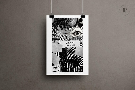 Ready to Hang YOLO Poster Framed – Black and White Collage Art Print on Matte Enhanced Paper with Acrylic Glass Frame