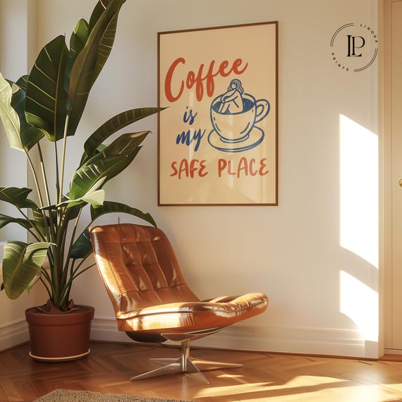 Digital poster Coffee is my Safe Place – PNG bundle with Canva templates | Funny coffee wall decoration for download in 5:7 format