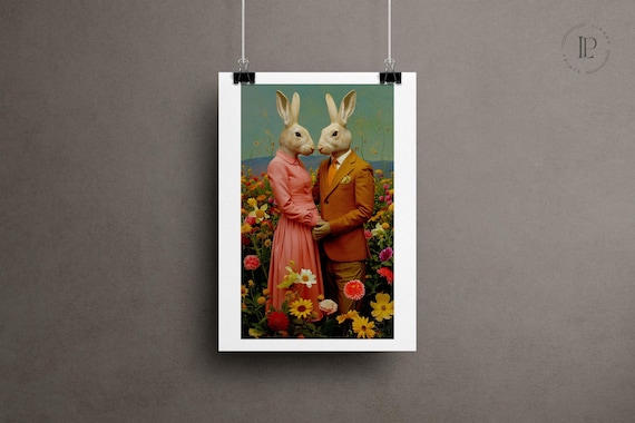 Ready to Hang Vintage Rabbit Couple Art Print Framed – ISO Format, Enhanced Matte Paper Giclée Print Living Room Decoration