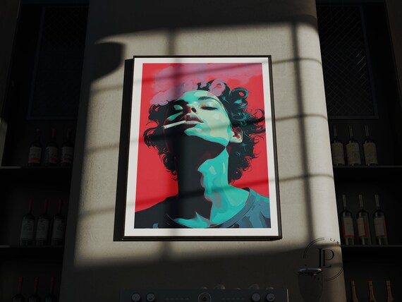 Ready to Hang Pop Art Smoking Portrait Art Print Framed – Enhanced Matte Paper Giclée Print with Acrylic Glass Frame