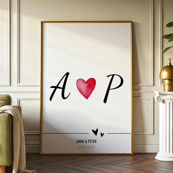 Personalized heart couple poster – minimalist wall art with names & date | Gift for anniversary, wedding, or Valentine's Day