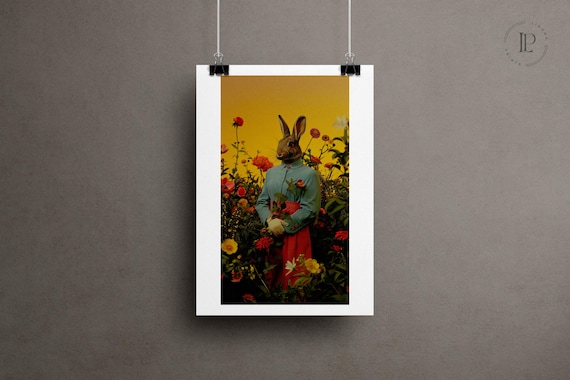Ready to Hang Vintage Rabbit Woman Art Print Framed – Enhanced Matte Paper Giclée Print with Acrylic Glass Frame