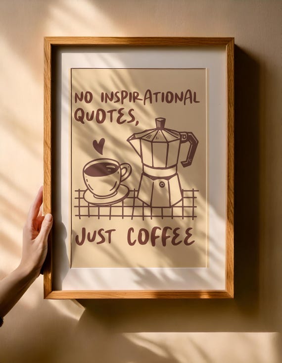 Digital poster "No Inspirational Quotes Just Coffee" – PNG bundle with Canva templates | Funny coffee wall decor in 5:7 format for download