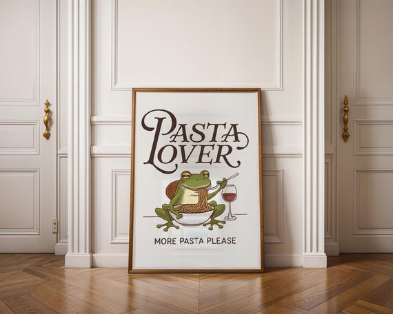 Pasta Lover – Digitales Poster mit Frosch, Nudeln & Wein | PNG + Canva-Datei im 5:7 Format