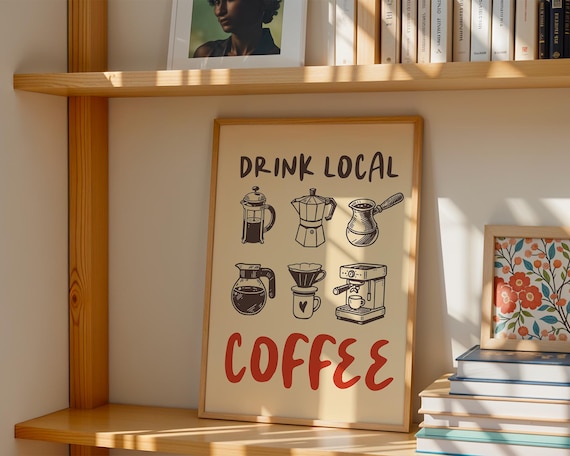 Digital Poster Drink Local Coffee – PNG Bundle with Canva Templates | Retro-style coffee wall art for download in 5:7 format