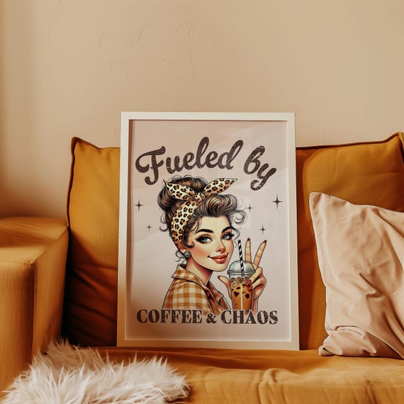 Mother's Day Poster Coffee & Chaos – Funny Retro Gift for Mom, Digital Wall Art, Vintage Mom Art, Download for Living Room and Kitchen