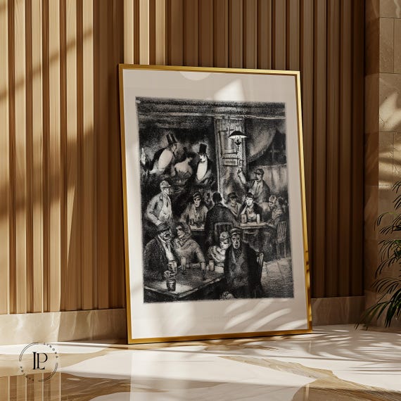 Hugo Steiner-Prag "At the Café" 1920s framed poster – Literary Expressionism as wall art | Giclée art print with white border