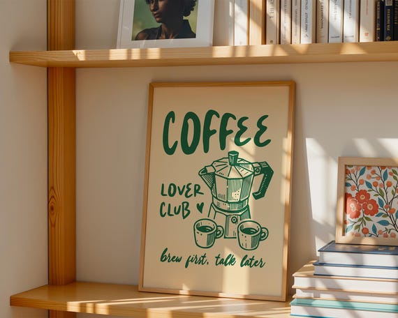Coffee Lover Club Digital Poster – PNG Bundle with Canva Templates | Fun retro-style coffee wall art for download in 5:7 format