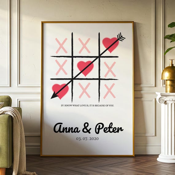 Personalized Tic Tac Love Poster – modern couple poster with names in game design | Anniversary or Valentine's Day gift