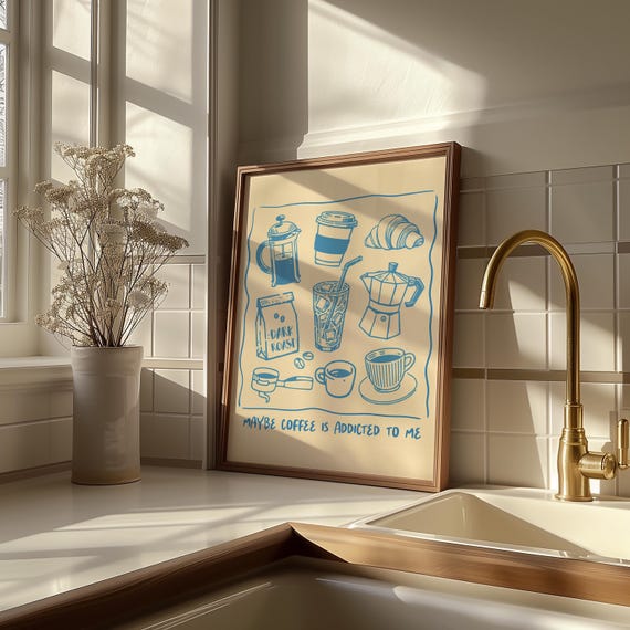 Digital coffee poster – Maybe Coffee is Addicted to Me | PNG bundle with Canva templates for editing | Fun wall decor in 5:7 format