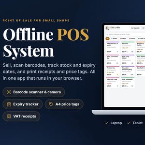May include: A digital interface for an offline point of sale system displayed on a laptop and smartphone screen. The software features a product grid, barcode scanning, expiry tracking, and receipt printing capabilities for small retail shops.