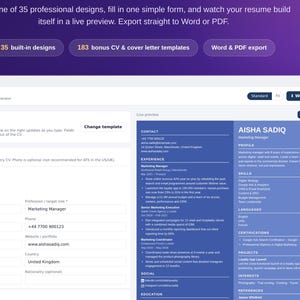 May include: A digital interface for resume builder software featuring the text Build a job-ready resume in minutes, not hours. The screen displays a CV builder form with fields for personal details and a live preview of a blue resume document.