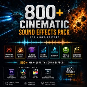 以下が含まれることがあります： 「800+ Cinematic Sound Effects Pack for Video Editors」と題されたデジタル製品のグラフィック。宇宙の画像、音波のグラフィック、およびウーシュ、インパクト、グリッチ、ライザー、サブドロップ、ミーム、トランジションなどのカテゴリを示すアイコンが含まれています。