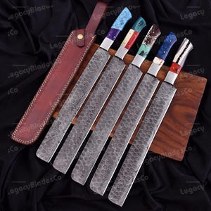 Hand Forged Damascus Steel Brisket Slicer Knife with Leather Sheath