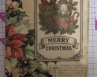 May include: A vintage Christmas card with a beige background. The card features a rectangular frame with illustrations of wrapped gifts, a lantern, holly, and a candy cane. The words "MERRY CHRISTMAS" are displayed on a banner. The left side of the card has illustrations of holly and poinsettias.