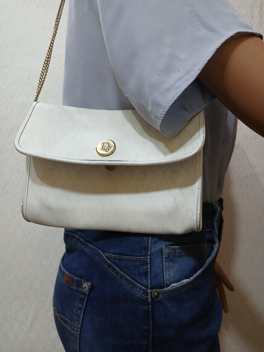 Pochette Dior en toile enduite blanche/ finitions en cuir nid d