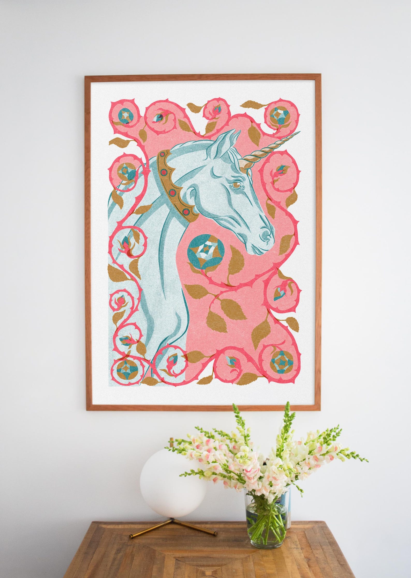 Unicorn Print — Pink Floral Medieval